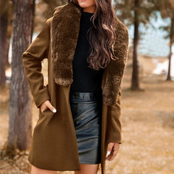Boho Brown Faux fur trimmed neckline belted overcoat jacket - Picture 4 of 6